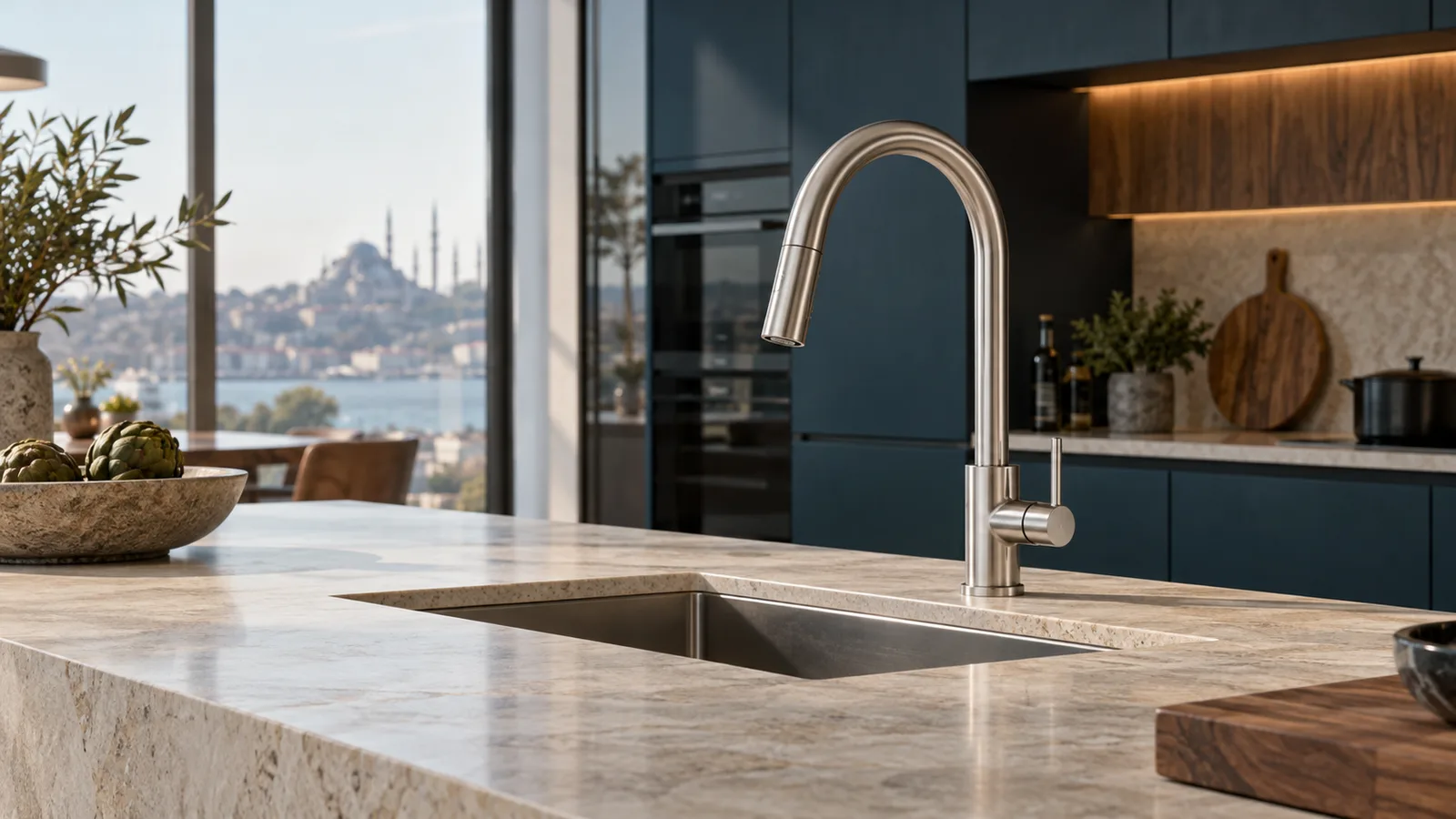 Modern İstanbul mutfağında tezgâh üstünde paslanmaz çelik mutfak bataryası